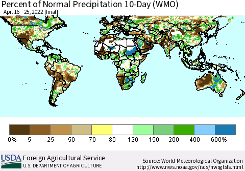 World Percent of Normal Precipitation 10-Day (WMO) Thematic Map For 4/16/2022 - 4/25/2022