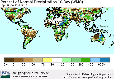World Percent of Normal Precipitation 10-Day (WMO) Thematic Map For 4/21/2022 - 4/30/2022