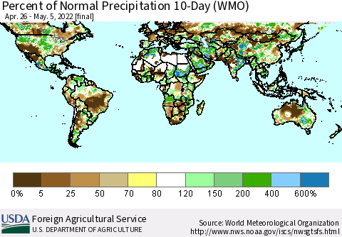 World Percent of Normal Precipitation 10-Day (WMO) Thematic Map For 4/26/2022 - 5/5/2022