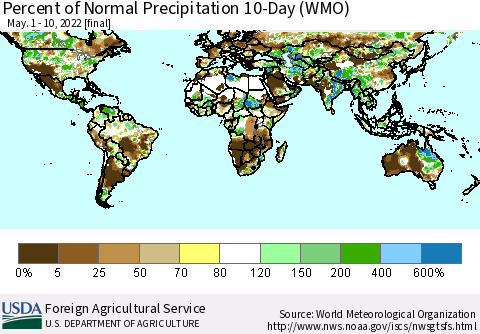 World Percent of Normal Precipitation 10-Day (WMO) Thematic Map For 5/1/2022 - 5/10/2022