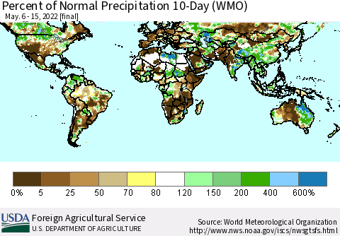 World Percent of Normal Precipitation 10-Day (WMO) Thematic Map For 5/6/2022 - 5/15/2022