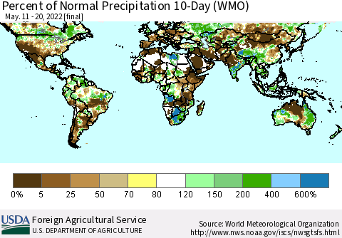 World Percent of Normal Precipitation 10-Day (WMO) Thematic Map For 5/11/2022 - 5/20/2022