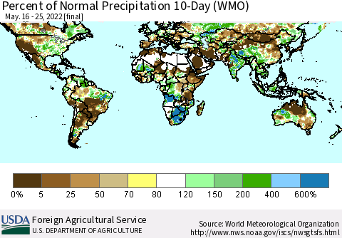 World Percent of Normal Precipitation 10-Day (WMO) Thematic Map For 5/16/2022 - 5/25/2022