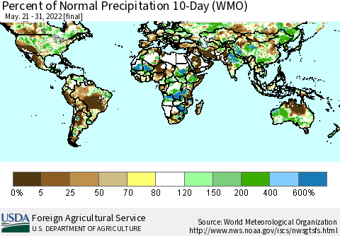 World Percent of Normal Precipitation 10-Day (WMO) Thematic Map For 5/21/2022 - 5/31/2022