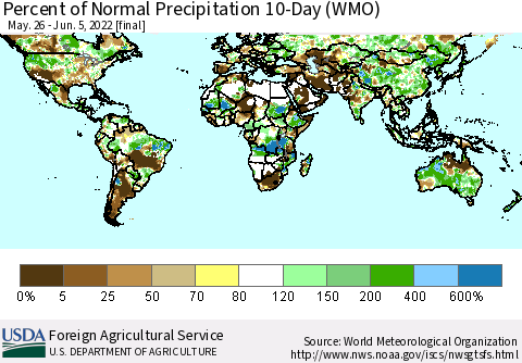 World Percent of Normal Precipitation 10-Day (WMO) Thematic Map For 5/26/2022 - 6/5/2022