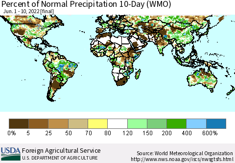 World Percent of Normal Precipitation 10-Day (WMO) Thematic Map For 6/1/2022 - 6/10/2022