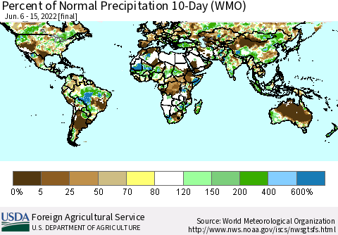 World Percent of Normal Precipitation 10-Day (WMO) Thematic Map For 6/6/2022 - 6/15/2022