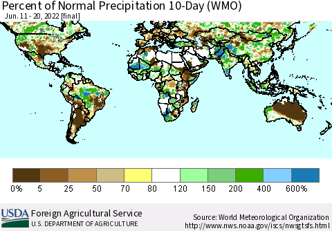 World Percent of Normal Precipitation 10-Day (WMO) Thematic Map For 6/11/2022 - 6/20/2022