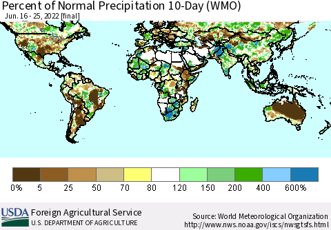 World Percent of Normal Precipitation 10-Day (WMO) Thematic Map For 6/16/2022 - 6/25/2022