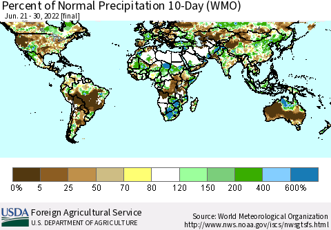 World Percent of Normal Precipitation 10-Day (WMO) Thematic Map For 6/21/2022 - 6/30/2022