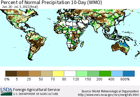 World Percent of Normal Precipitation 10-Day (WMO) Thematic Map For 6/26/2022 - 7/5/2022