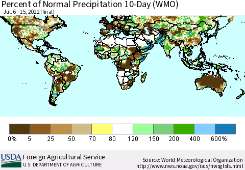 World Percent of Normal Precipitation 10-Day (WMO) Thematic Map For 7/6/2022 - 7/15/2022