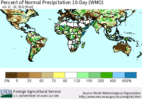 World Percent of Normal Precipitation 10-Day (WMO) Thematic Map For 7/11/2022 - 7/20/2022