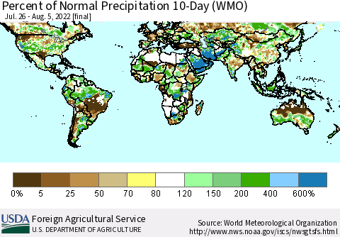 World Percent of Normal Precipitation 10-Day (WMO) Thematic Map For 7/26/2022 - 8/5/2022