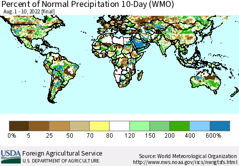 World Percent of Normal Precipitation 10-Day (WMO) Thematic Map For 8/1/2022 - 8/10/2022