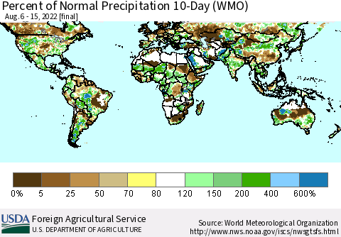 World Percent of Normal Precipitation 10-Day (WMO) Thematic Map For 8/6/2022 - 8/15/2022