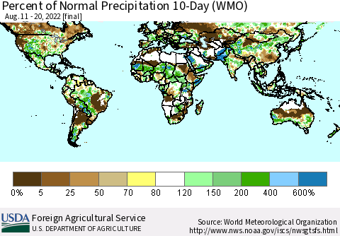 World Percent of Normal Precipitation 10-Day (WMO) Thematic Map For 8/11/2022 - 8/20/2022