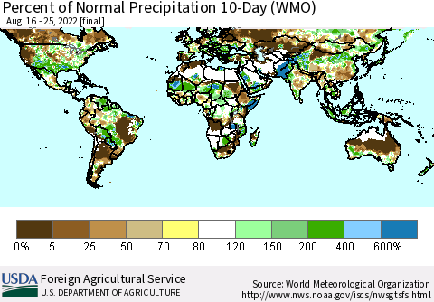 World Percent of Normal Precipitation 10-Day (WMO) Thematic Map For 8/16/2022 - 8/25/2022