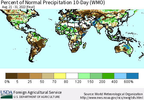 World Percent of Normal Precipitation 10-Day (WMO) Thematic Map For 8/21/2022 - 8/31/2022