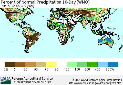 World Percent of Normal Precipitation 10-Day (WMO) Thematic Map For 8/26/2022 - 9/5/2022