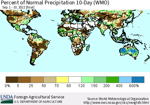 World Percent of Normal Precipitation 10-Day (WMO) Thematic Map For 9/1/2022 - 9/10/2022