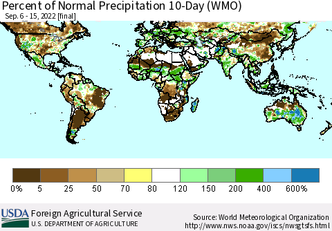 World Percent of Normal Precipitation 10-Day (WMO) Thematic Map For 9/6/2022 - 9/15/2022