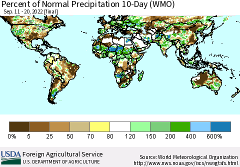 World Percent of Normal Precipitation 10-Day (WMO) Thematic Map For 9/11/2022 - 9/20/2022
