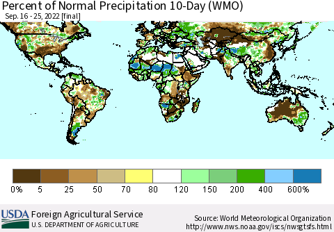 World Percent of Normal Precipitation 10-Day (WMO) Thematic Map For 9/16/2022 - 9/25/2022