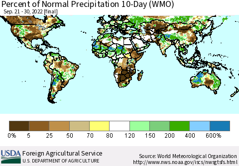World Percent of Normal Precipitation 10-Day (WMO) Thematic Map For 9/21/2022 - 9/30/2022