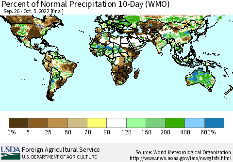 World Percent of Normal Precipitation 10-Day (WMO) Thematic Map For 9/26/2022 - 10/5/2022