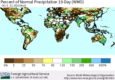 World Percent of Normal Precipitation 10-Day (WMO) Thematic Map For 10/6/2022 - 10/15/2022