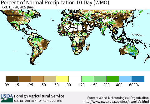World Percent of Normal Precipitation 10-Day (WMO) Thematic Map For 10/11/2022 - 10/20/2022
