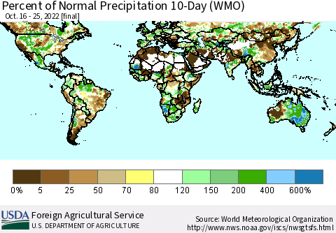 World Percent of Normal Precipitation 10-Day (WMO) Thematic Map For 10/16/2022 - 10/25/2022