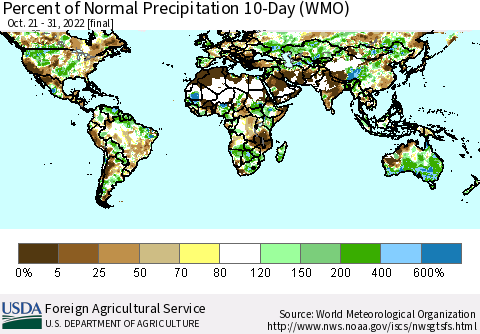World Percent of Normal Precipitation 10-Day (WMO) Thematic Map For 10/21/2022 - 10/31/2022