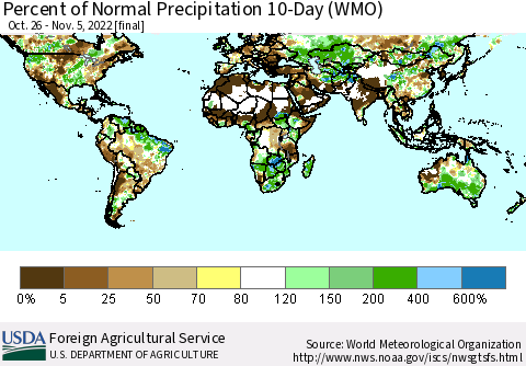 World Percent of Normal Precipitation 10-Day (WMO) Thematic Map For 10/26/2022 - 11/5/2022