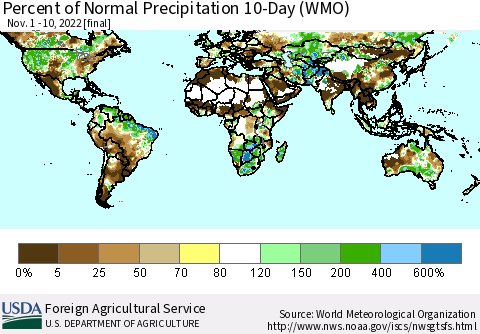 World Percent of Normal Precipitation 10-Day (WMO) Thematic Map For 11/1/2022 - 11/10/2022