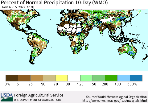 World Percent of Normal Precipitation 10-Day (WMO) Thematic Map For 11/6/2022 - 11/15/2022