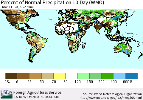World Percent of Normal Precipitation 10-Day (WMO) Thematic Map For 11/11/2022 - 11/20/2022