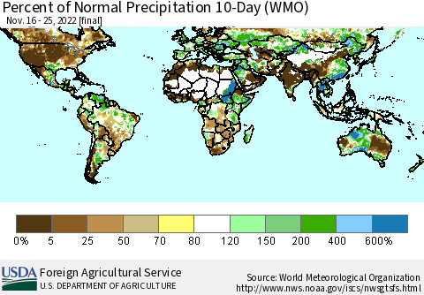World Percent of Normal Precipitation 10-Day (WMO) Thematic Map For 11/16/2022 - 11/25/2022