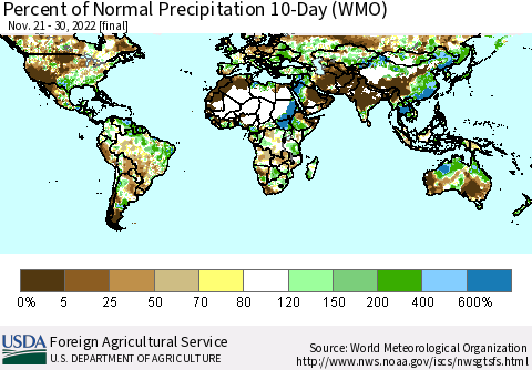 World Percent of Normal Precipitation 10-Day (WMO) Thematic Map For 11/21/2022 - 11/30/2022