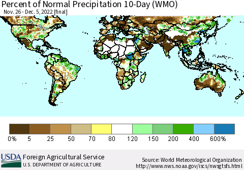 World Percent of Normal Precipitation 10-Day (WMO) Thematic Map For 11/26/2022 - 12/5/2022