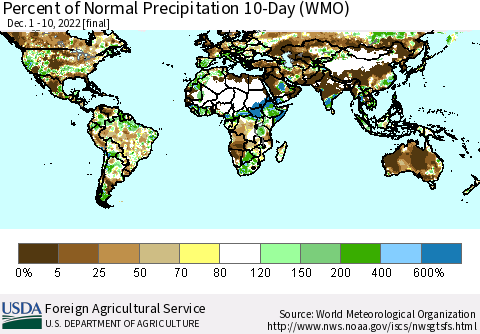 World Percent of Normal Precipitation 10-Day (WMO) Thematic Map For 12/1/2022 - 12/10/2022