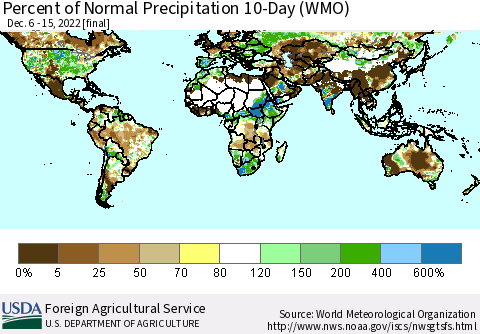World Percent of Normal Precipitation 10-Day (WMO) Thematic Map For 12/6/2022 - 12/15/2022