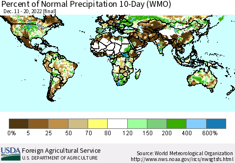 World Percent of Normal Precipitation 10-Day (WMO) Thematic Map For 12/11/2022 - 12/20/2022