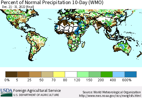 World Percent of Normal Precipitation 10-Day (WMO) Thematic Map For 12/21/2022 - 12/31/2022
