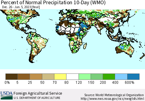 World Percent of Normal Precipitation 10-Day (WMO) Thematic Map For 12/26/2022 - 1/5/2023
