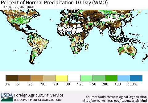 World Percent of Normal Precipitation 10-Day (WMO) Thematic Map For 1/16/2023 - 1/25/2023