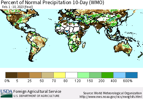World Percent of Normal Precipitation 10-Day (WMO) Thematic Map For 2/1/2023 - 2/10/2023