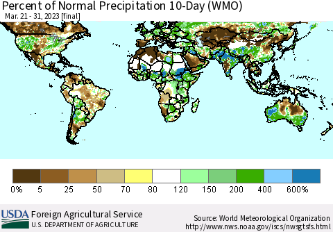 World Percent of Normal Precipitation 10-Day (WMO) Thematic Map For 3/21/2023 - 3/31/2023