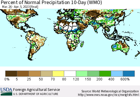 World Percent of Normal Precipitation 10-Day (WMO) Thematic Map For 3/26/2023 - 4/5/2023